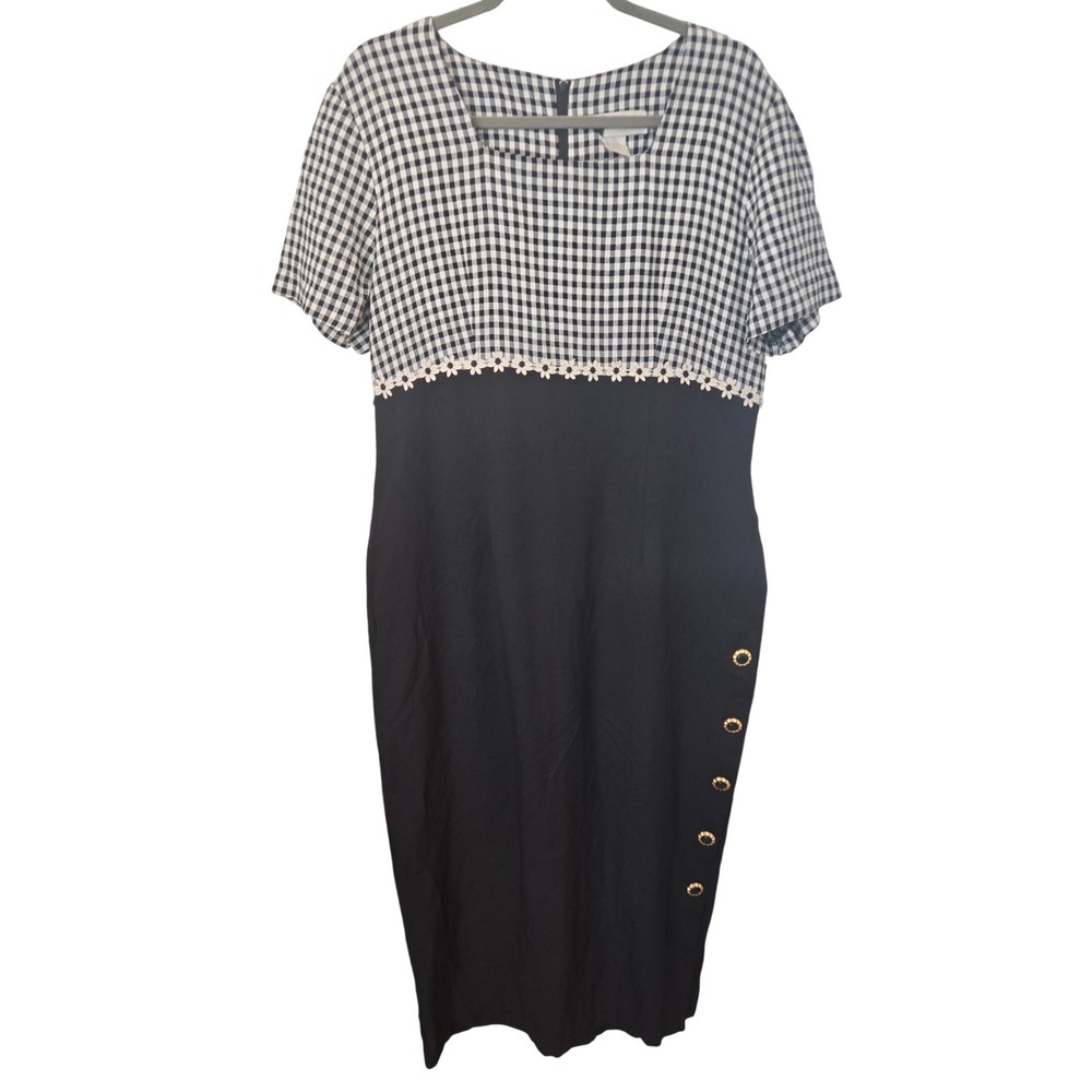 Vintage 90s Gingham Midi Dress Daisy Black White Cottage Grandma Empire Waist 16